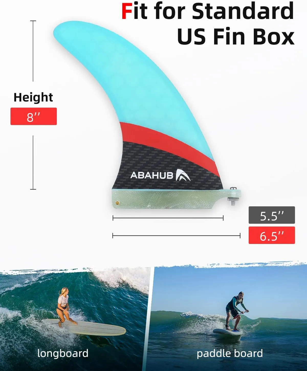 Abahub 8'' SUP Single Center Fin with 1 No Tool Fin Screw, Fiberglass Reinforeced 8 inch SUP Replacement Fins for Surfboard, Stand-up Paddle Board, Longboard, Black/Blue/White