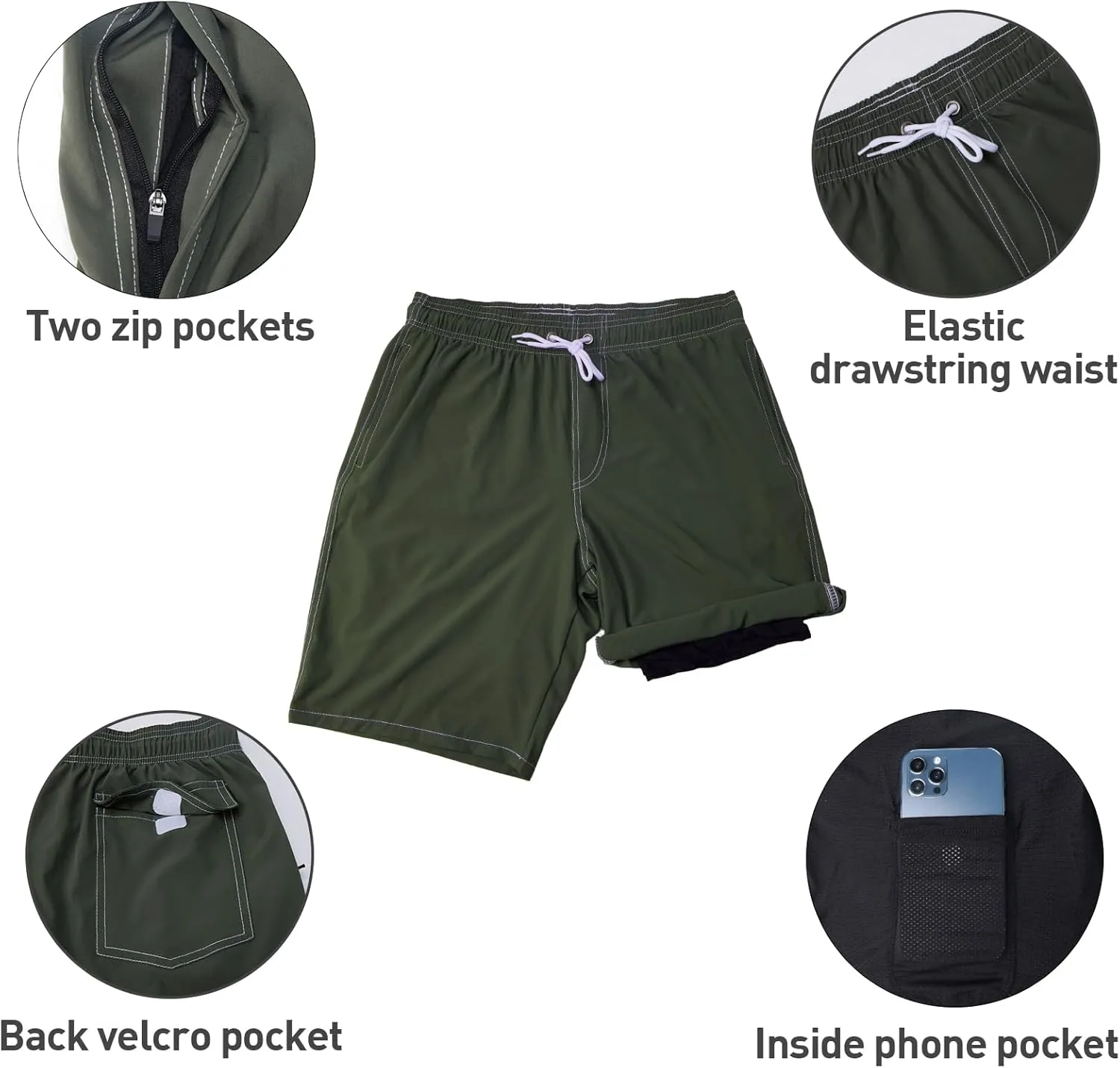 Arcweg Mens Swim Trunks with Compression Liner 9 Men Beach Board 2 in 1 Bathing Suit with Zipper Pockets, Quick Dry