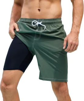 Arcweg Mens Swim Trunks with Compression Liner 9 Men Beach Board 2 in 1 Bathing Suit with Zipper Pockets, Quick Dry