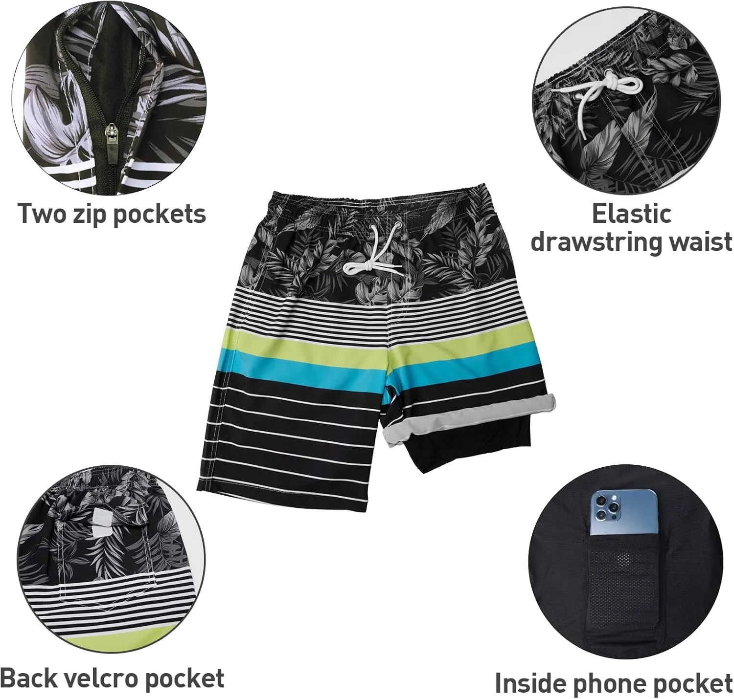 Arcweg Mens Swim Trunks with Compression Liner 9 Men Beach Board 2 in 1 Bathing Suit with Zipper Pockets, Quick Dry