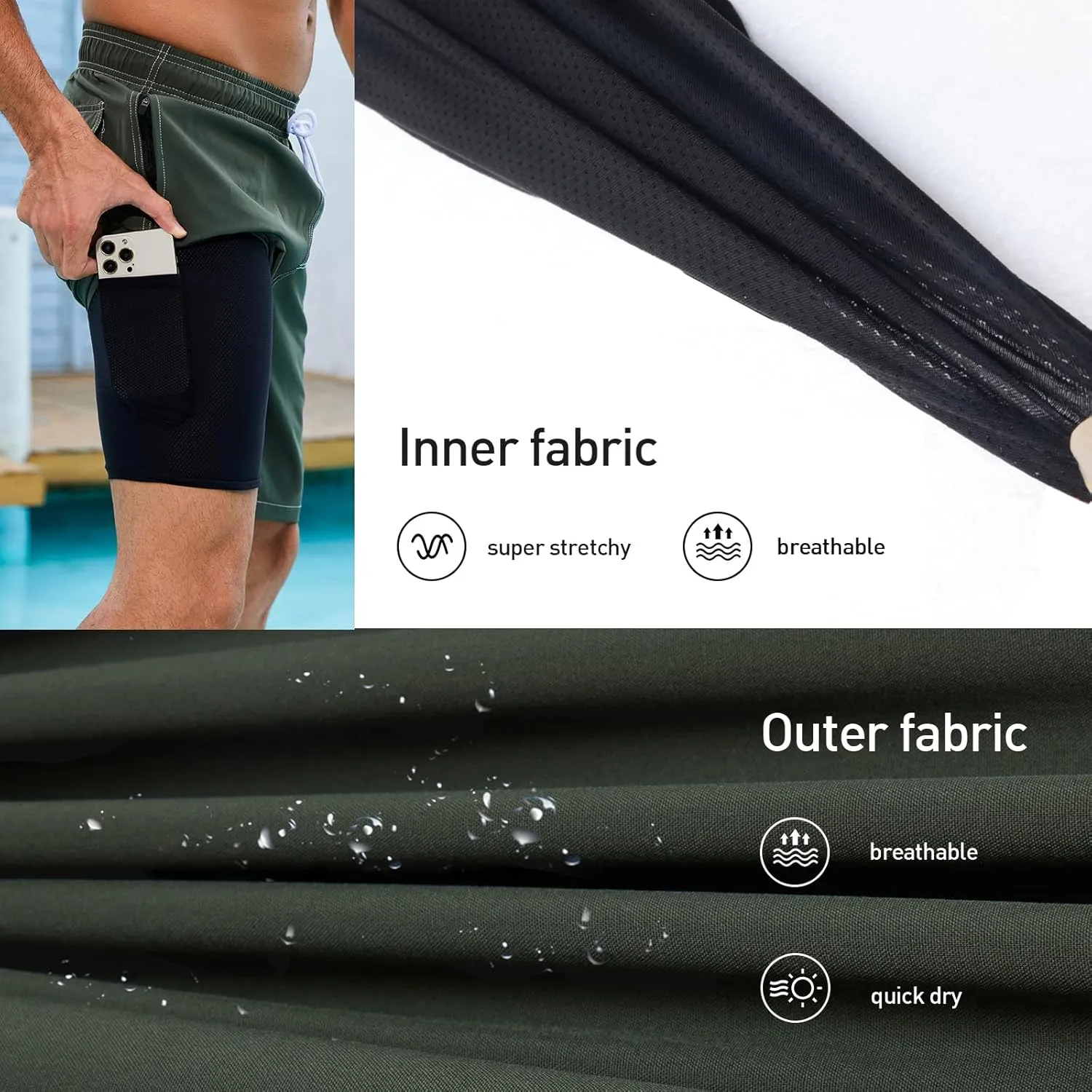 Arcweg Mens Swim Trunks with Compression Liner 9 Men Beach Board 2 in 1 Bathing Suit with Zipper Pockets, Quick Dry