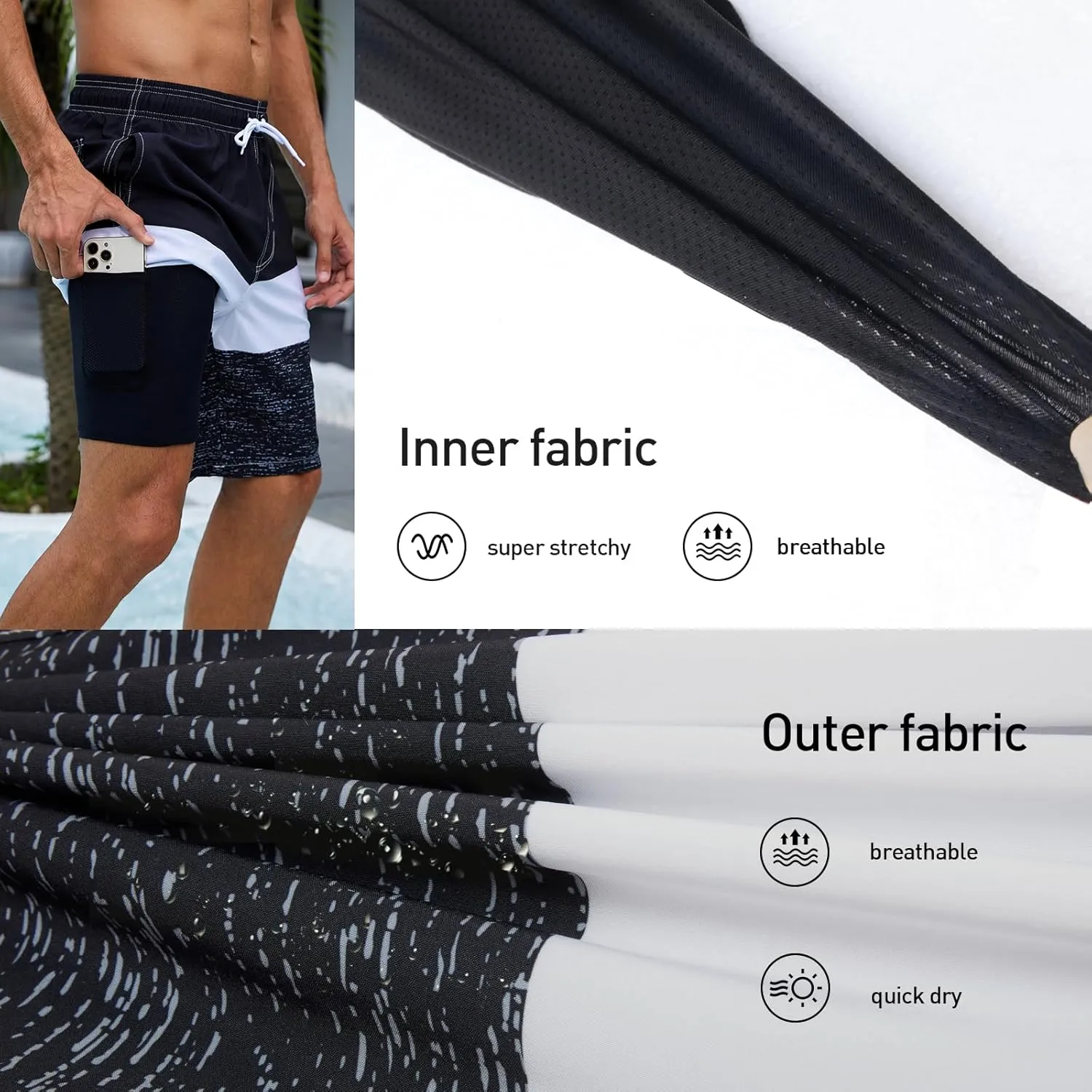 Arcweg Mens Swim Trunks with Compression Liner 9 Men Beach Board 2 in 1 Bathing Suit with Zipper Pockets, Quick Dry