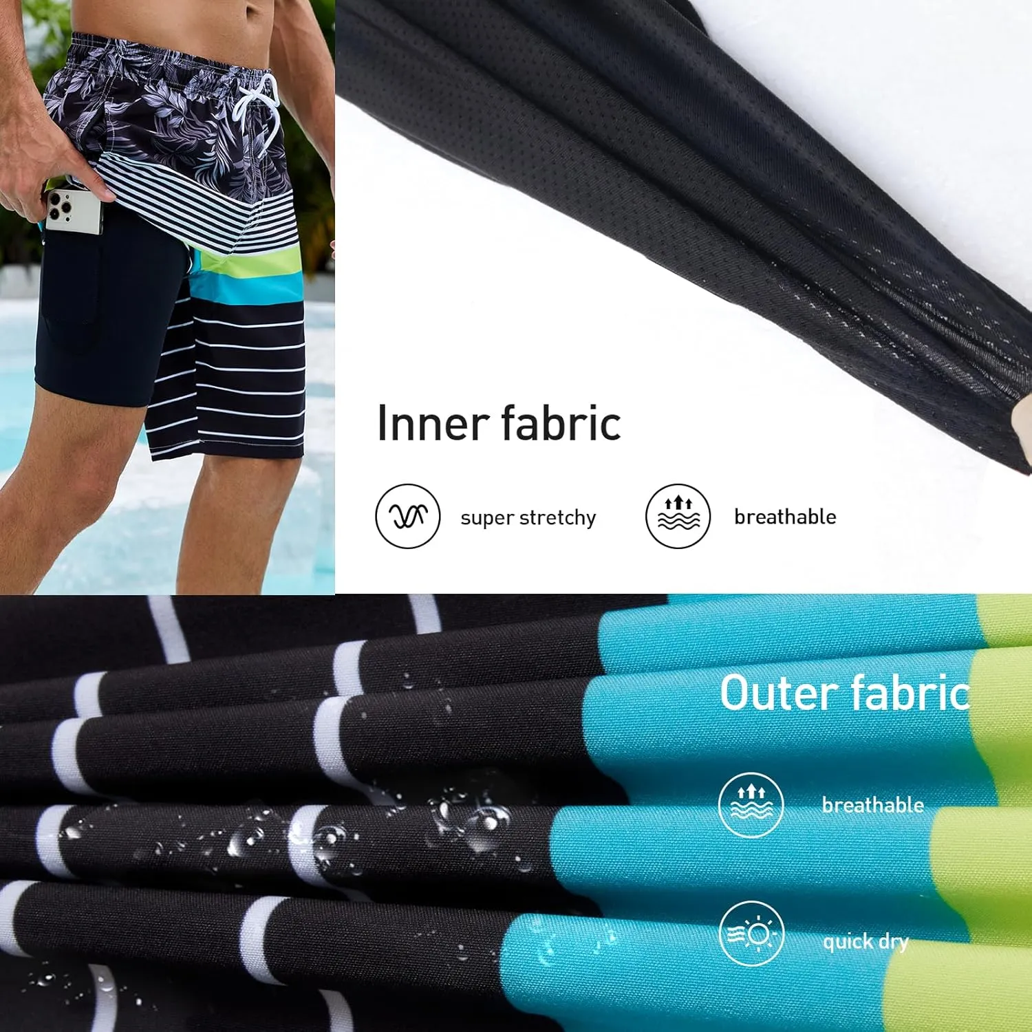 Arcweg Mens Swim Trunks with Compression Liner 9 Men Beach Board 2 in 1 Bathing Suit with Zipper Pockets, Quick Dry