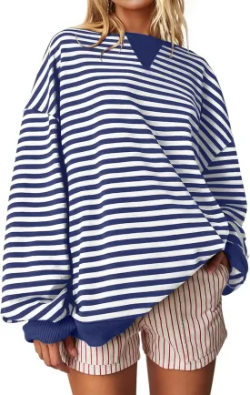 Darong Women Oversized Striped Color Block Long Sleeve Crew Neck Sweatshirt Casual Cotton Pullover Sweatshirts Fall Cloth