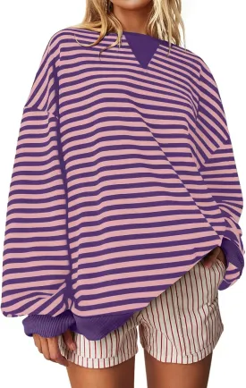 Darong Women Oversized Striped Color Block Long Sleeve Crew Neck Sweatshirt Casual Cotton Pullover Sweatshirts Fall Cloth