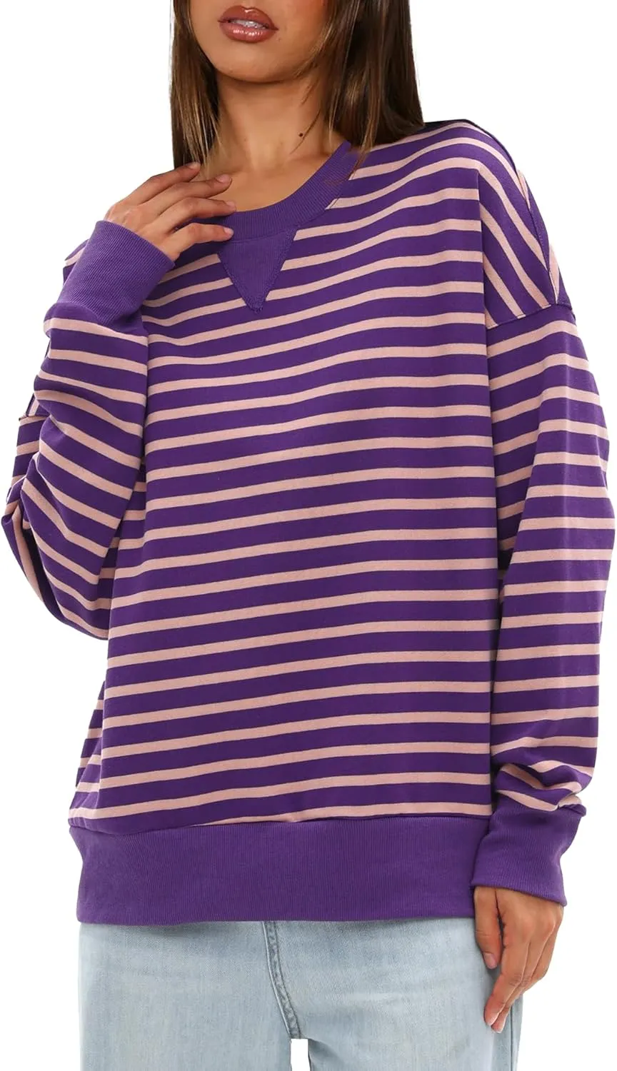 Darong Women Oversized Striped Color Block Long Sleeve Crew Neck Sweatshirt Casual Cotton Pullover Sweatshirts Fall Cloth