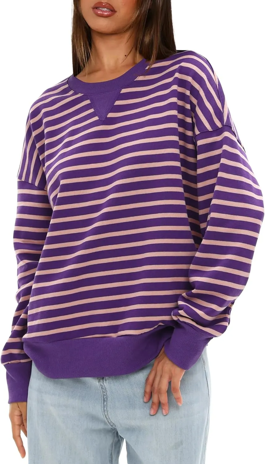 Darong Women Oversized Striped Color Block Long Sleeve Crew Neck Sweatshirt Casual Cotton Pullover Sweatshirts Fall Cloth