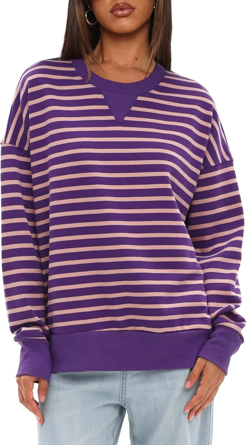 Darong Women Oversized Striped Color Block Long Sleeve Crew Neck Sweatshirt Casual Cotton Pullover Sweatshirts Fall Cloth