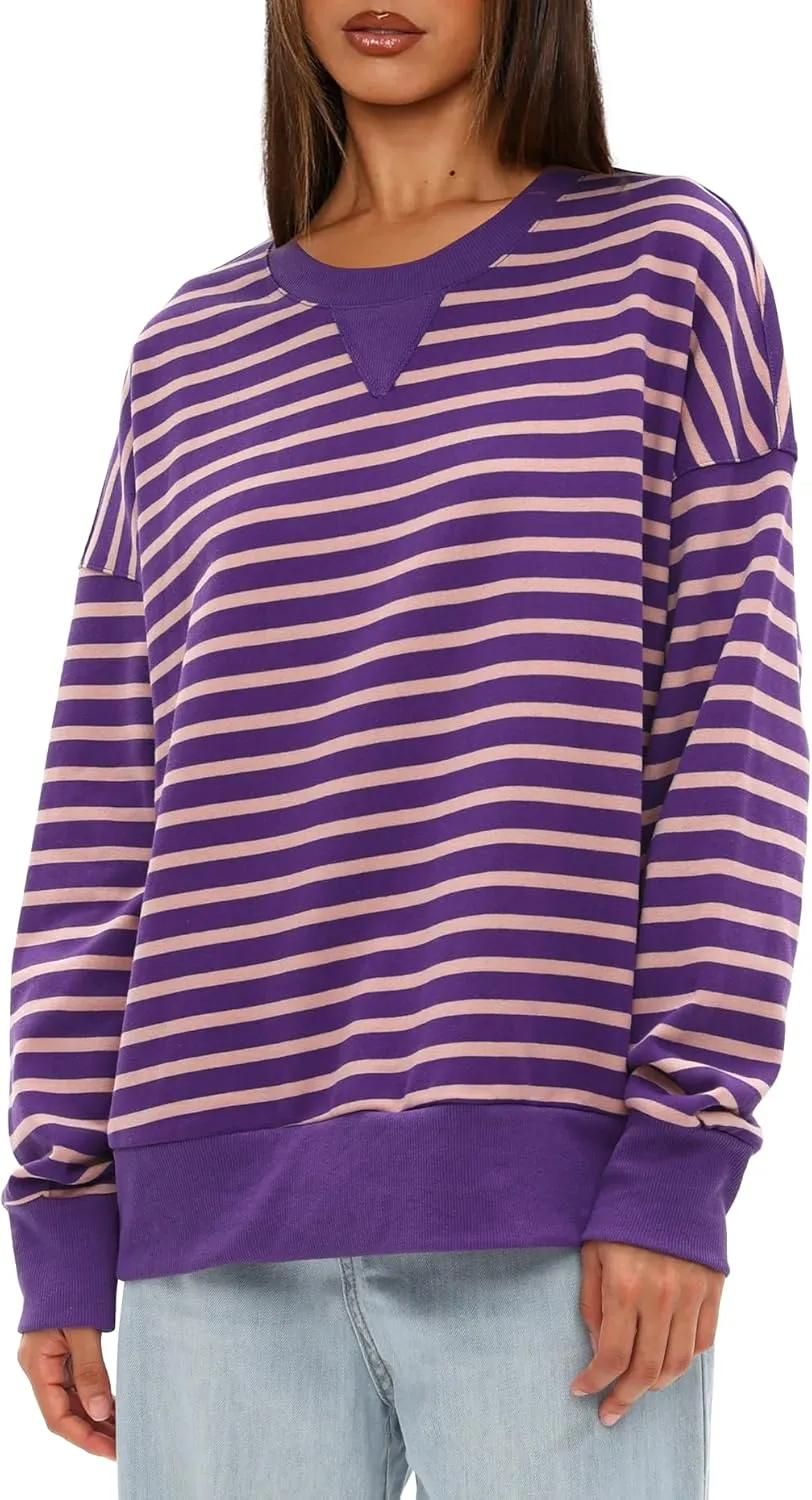 Darong Women Oversized Striped Color Block Long Sleeve Crew Neck Sweatshirt Casual Cotton Pullover Sweatshirts Fall Cloth