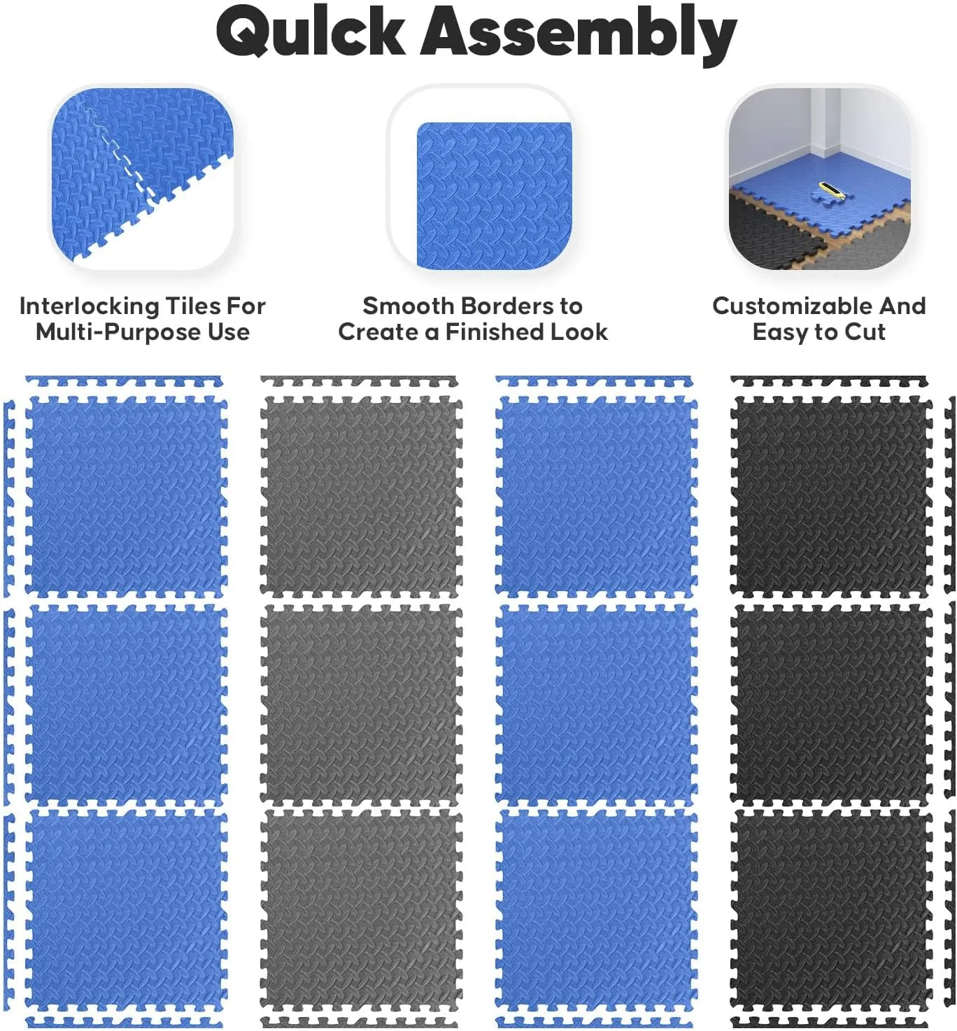 Home Gym Mat, Puzzle Exercise Mat, EVA Interlocking Foam Floor Tiles for Home Workout Equipment and Kids' Play Areas - Black, 24 in x 24 in x  in - 12 Tiles (Black, 12 Pack, 48 SQ FT)
