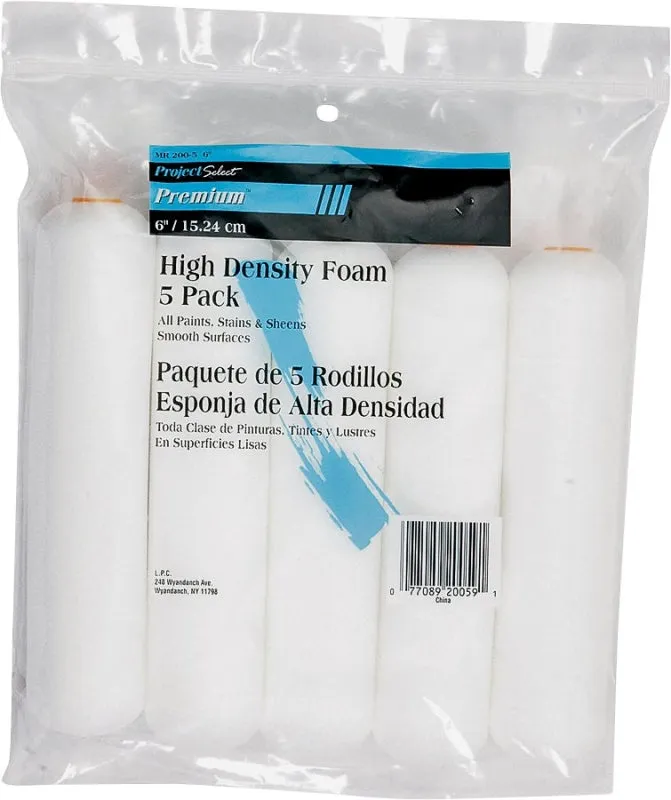 Linzer MR200-5-6 Paint Roller Cover, 1/4 in Thick Nap, 6 in L, Foam Cover, White :PK 5: QUANTITY: 1