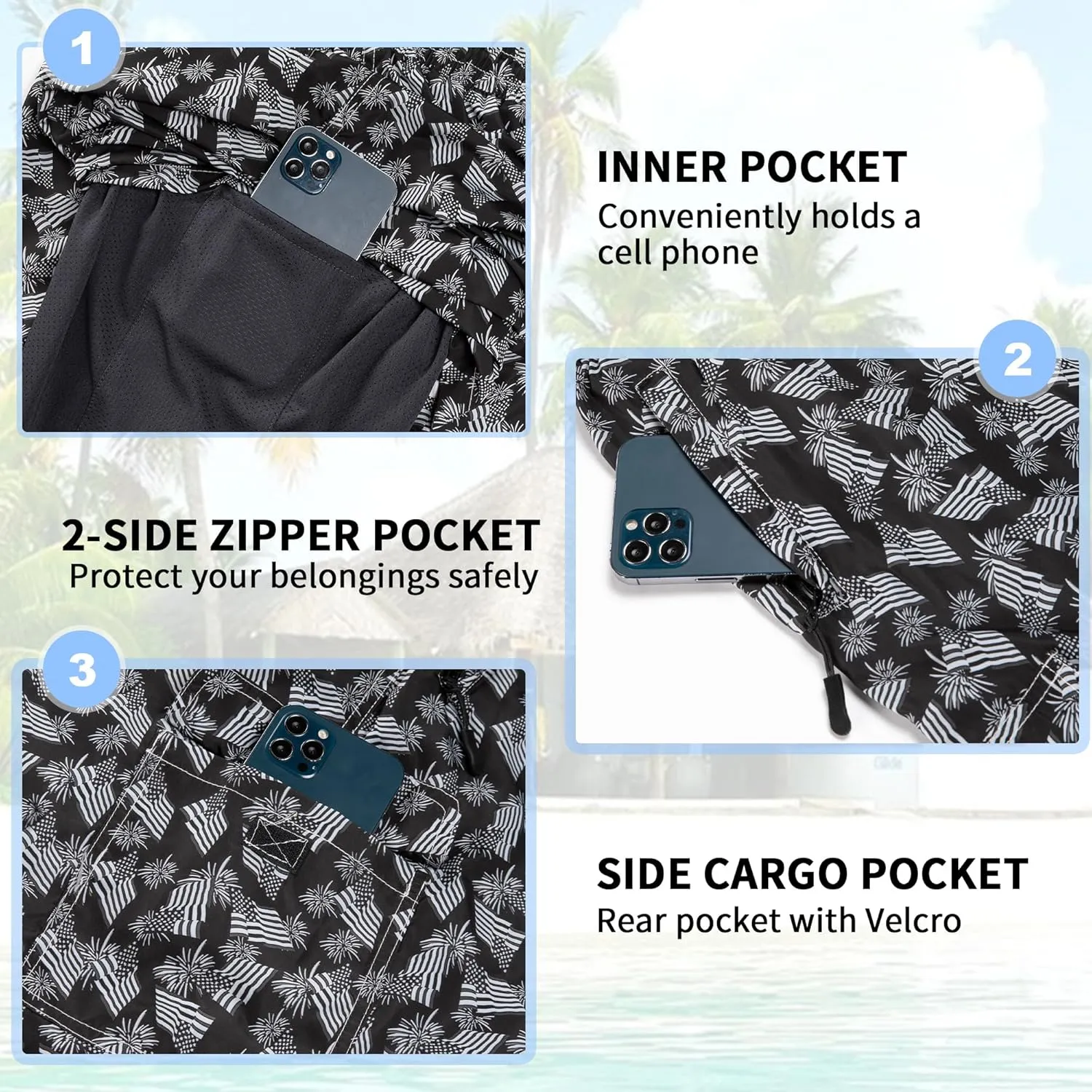 Mens Swim Trunks 9" Board Shorts with Compression Liner Swimsuit Built-in Bathing Suit Quick Dry Swimwear Zipper Pocket