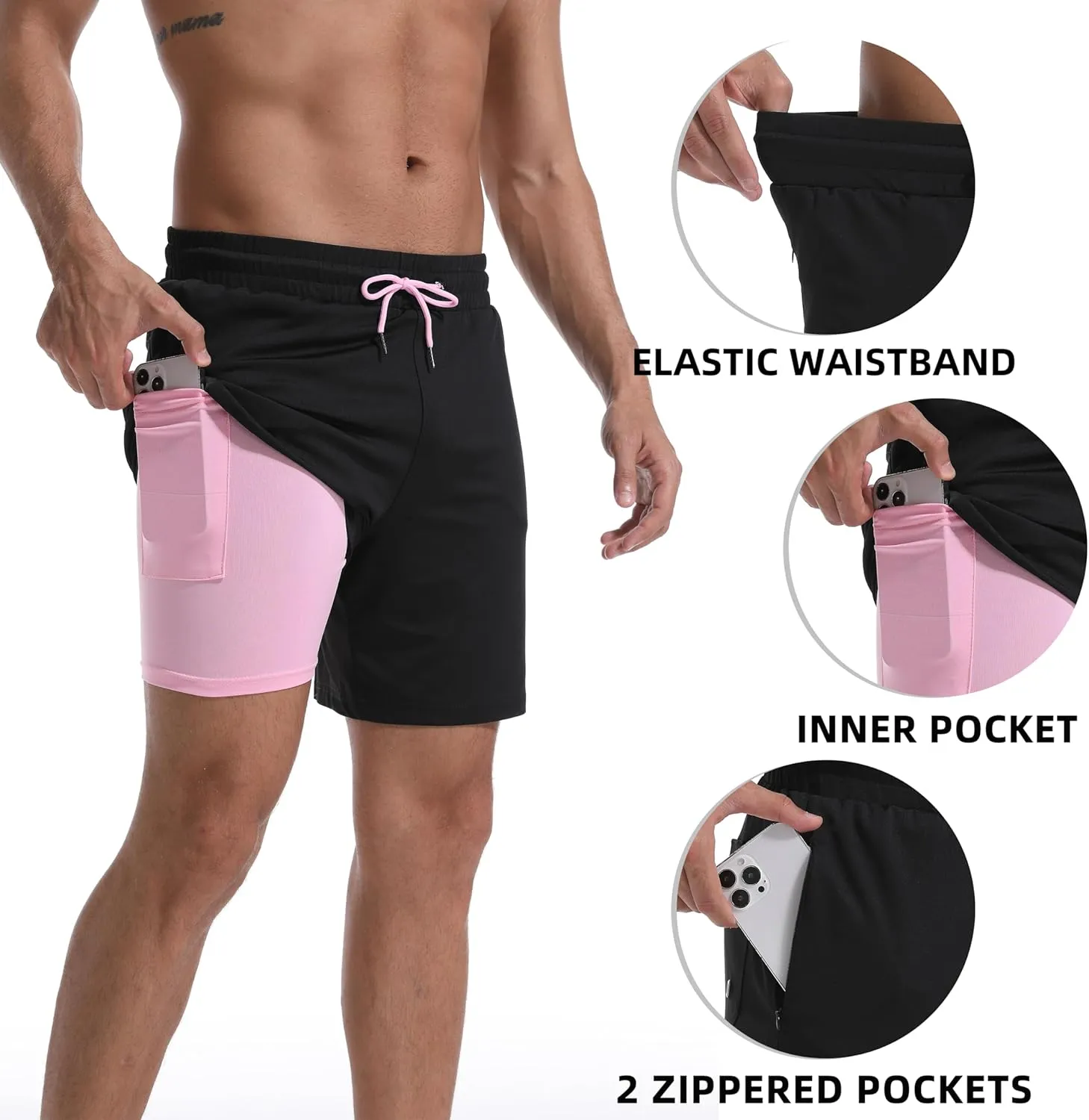 Mens Swim Trunks with Compression Liner 7" Board Shorts with Zipper Pockets 2 in 1 Quick Dry Bathing Suits