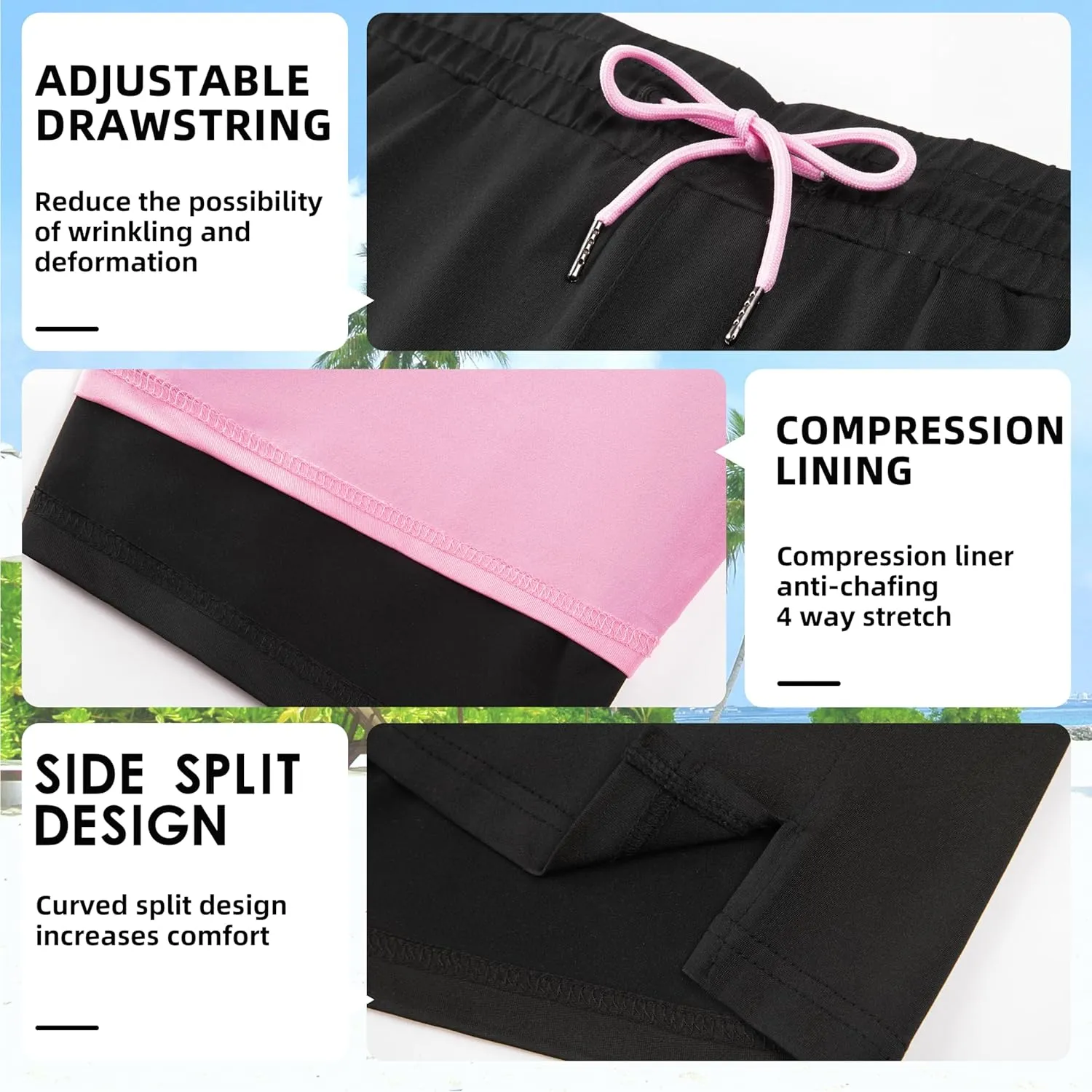 Mens Swim Trunks with Compression Liner 7" Board Shorts with Zipper Pockets 2 in 1 Quick Dry Bathing Suits