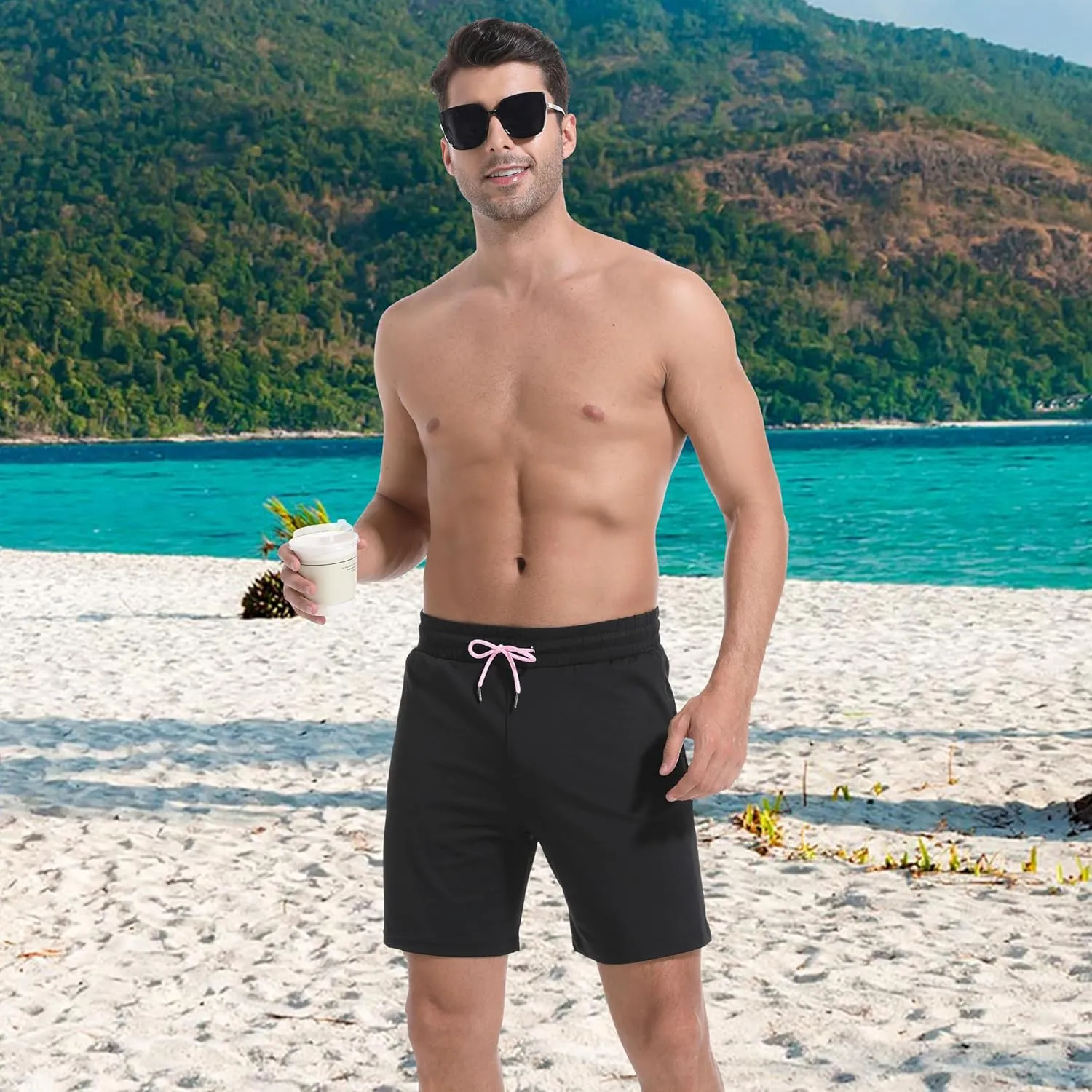 Mens Swim Trunks with Compression Liner 7" Board Shorts with Zipper Pockets 2 in 1 Quick Dry Bathing Suits