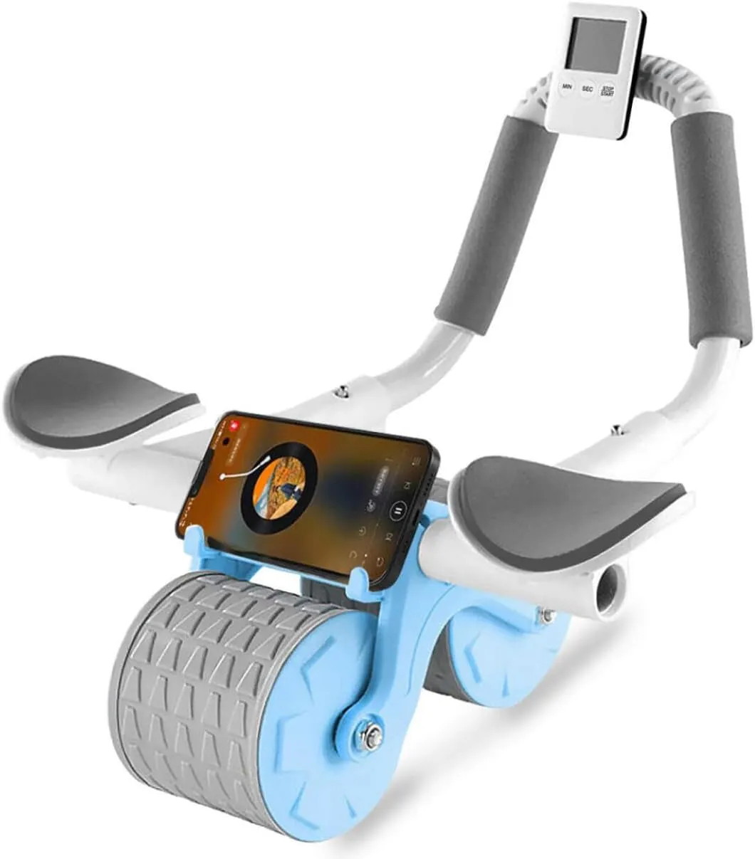 New Ab Roller Wheel W/ Knee Mat & Timer, Automatic Rebound Abdominal Exercise Roller W/ Elbow Support