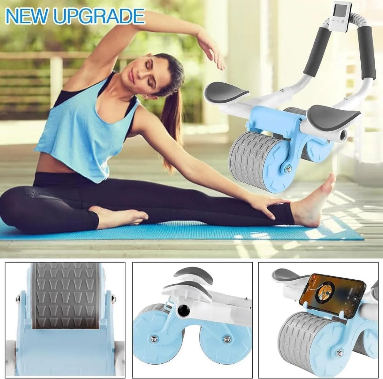 New Ab Roller Wheel W/ Knee Mat & Timer, Automatic Rebound Abdominal Exercise Roller W/ Elbow Support