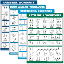 Palace Learning 4 Pack - Dumbbell Workouts   Bodyweight Workouts   Stretching Exercises   Kettlebell - Set of 4 Workout Charts (18 x 24, LAMINATED)