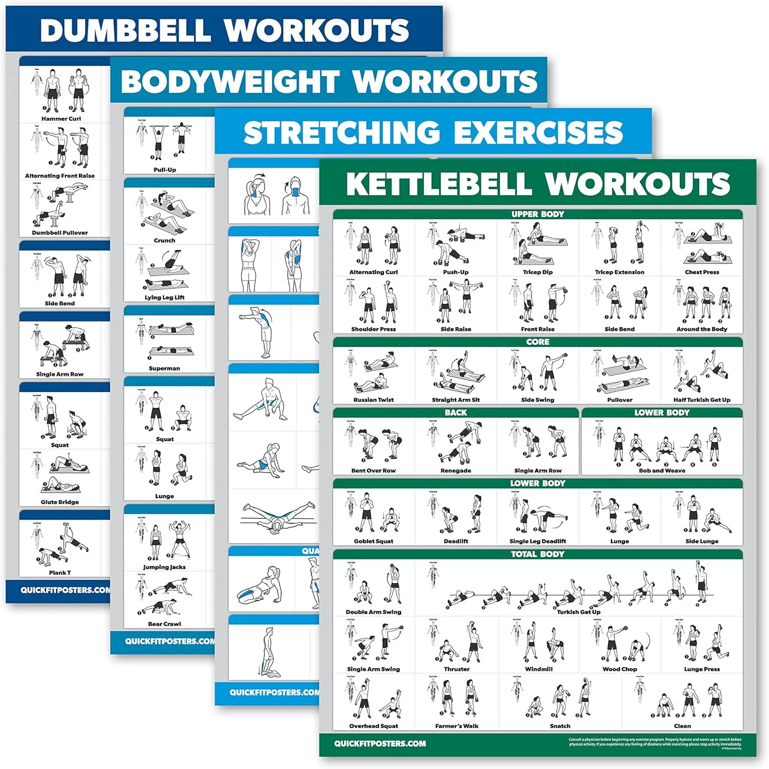 Palace Learning 4 Pack - Dumbbell Workouts   Bodyweight Workouts   Stretching Exercises   Kettlebell - Set of 4 Workout Charts (18 x 24, LAMINATED)