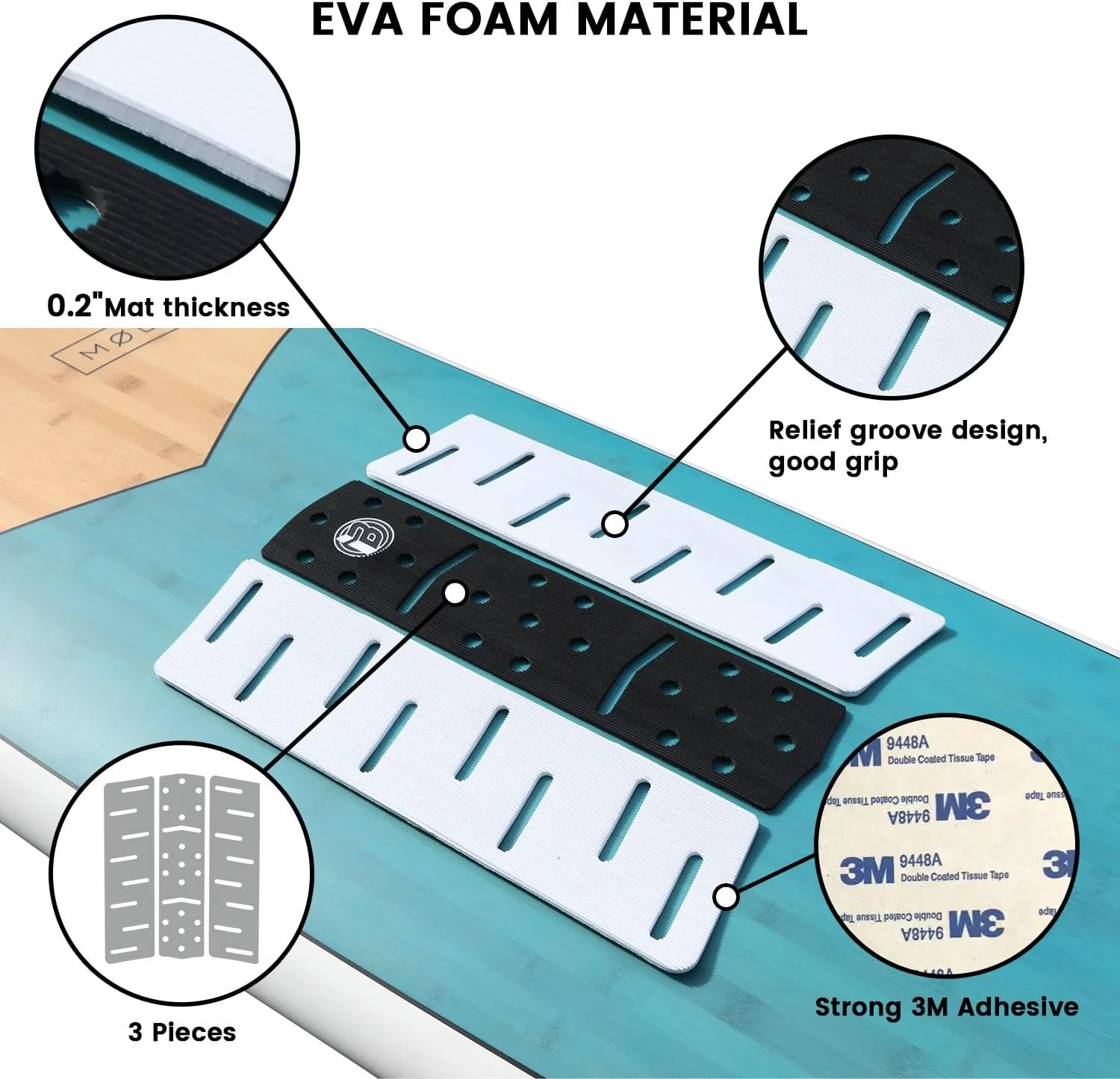 Rokia R 3 Pieces Surfboard Traction Pad EVA foam Surf Traction Pad with 3M Adhesive Non-Slip Sup Deck Pad Fit for Surf Tail Pad Fish, Surfboards, Skimboard, Longboard, Shortboard