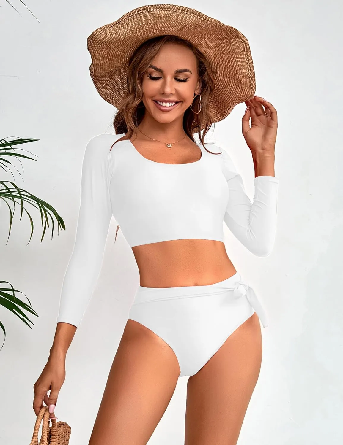 Womens Two Piece Swimsuits High Waisted Bikini Set Rash Guard Bathing Suit Long Sleeve Swimwear Crop Top Teen Girls