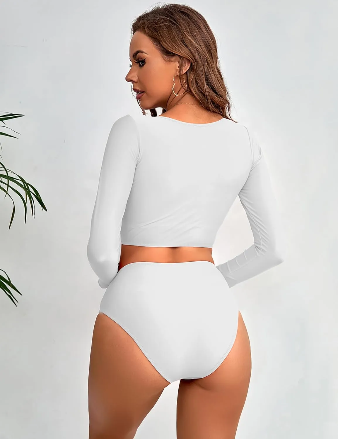 Womens Two Piece Swimsuits High Waisted Bikini Set Rash Guard Bathing Suit Long Sleeve Swimwear Crop Top Teen Girls