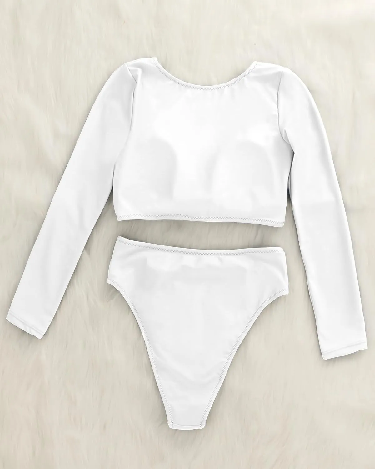 Womens Two Piece Swimsuits High Waisted Bikini Set Rash Guard Bathing Suit Long Sleeve Swimwear Crop Top Teen Girls