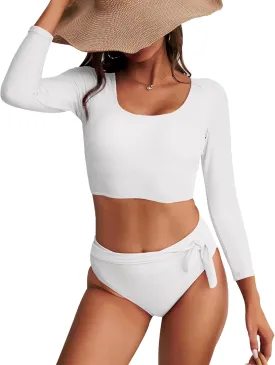 Womens Two Piece Swimsuits High Waisted Bikini Set Rash Guard Bathing Suit Long Sleeve Swimwear Crop Top Teen Girls
