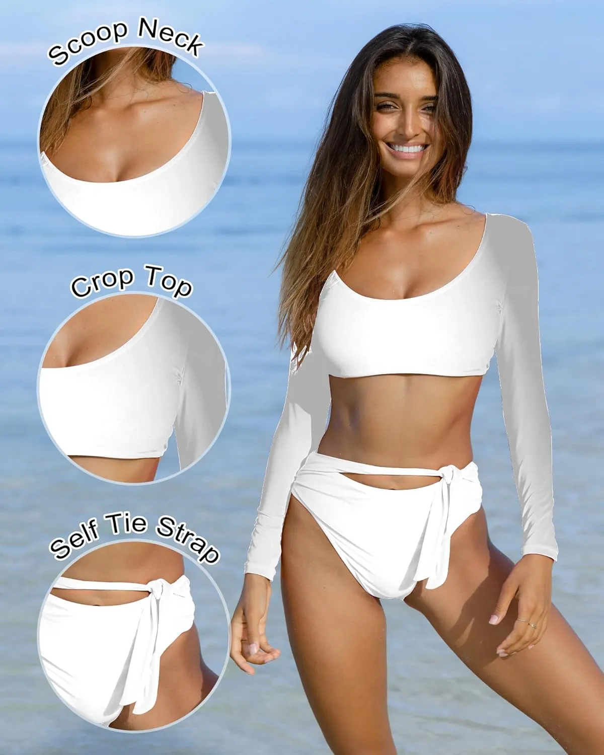 Womens Two Piece Swimsuits High Waisted Bikini Set Rash Guard Bathing Suit Long Sleeve Swimwear Crop Top Teen Girls