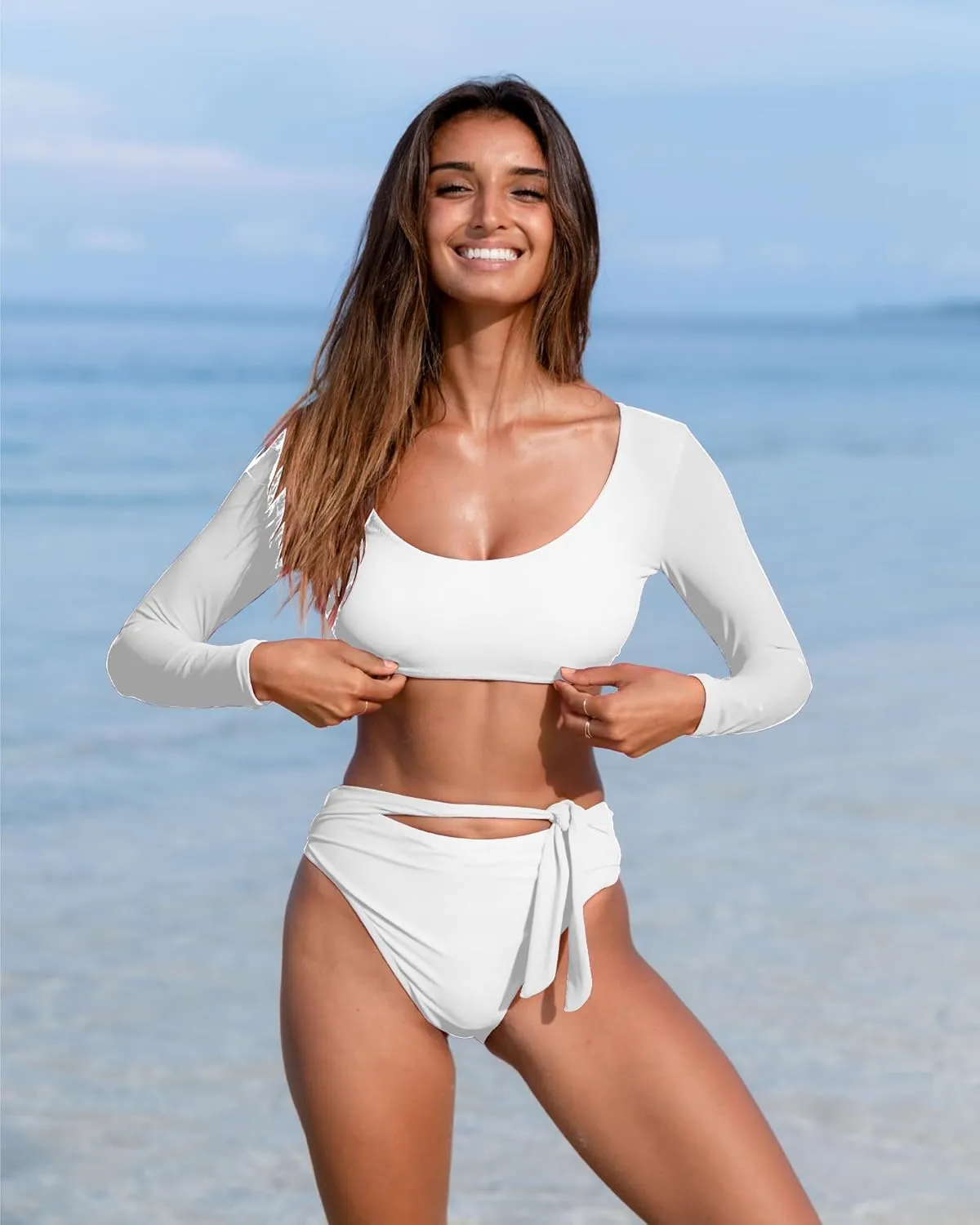 Womens Two Piece Swimsuits High Waisted Bikini Set Rash Guard Bathing Suit Long Sleeve Swimwear Crop Top Teen Girls