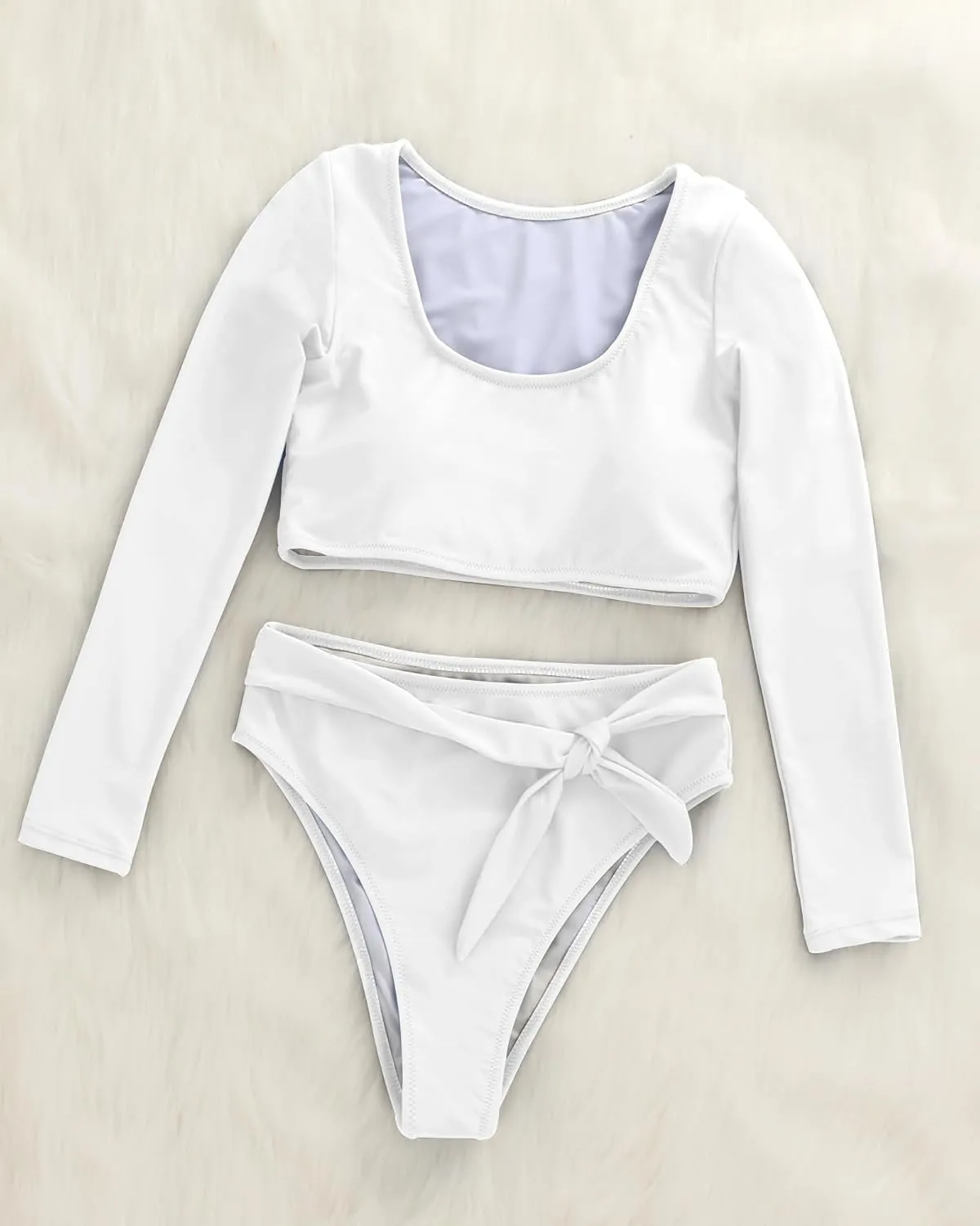 Womens Two Piece Swimsuits High Waisted Bikini Set Rash Guard Bathing Suit Long Sleeve Swimwear Crop Top Teen Girls