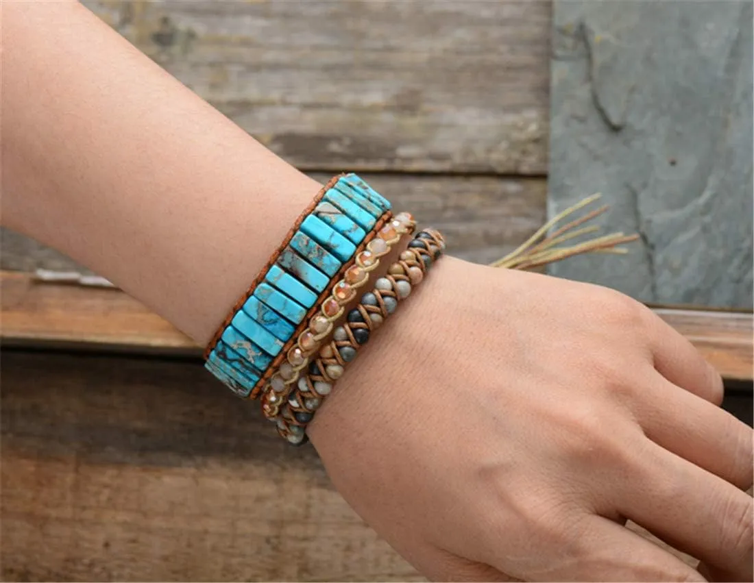 YGLINE Boho Handmade Wrap Leather Tube Crystal Stone Bracelet for Women
